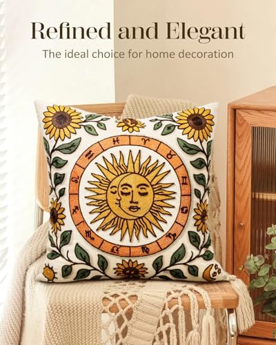 Embroidered Throw Pillow Cover 18x18 Inch, Sunflower Moon