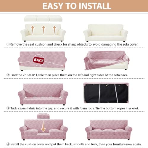 ZNSAYOTX 3 Piece Stretch Loveseat Covers (55"-71") New-Rectangle Texture, Thick Sofa Covers for 2 Cushion Couch Universal Sofa Slip Cover with Elastic Bottom & Buckle, Soft Protector Dusty Pink