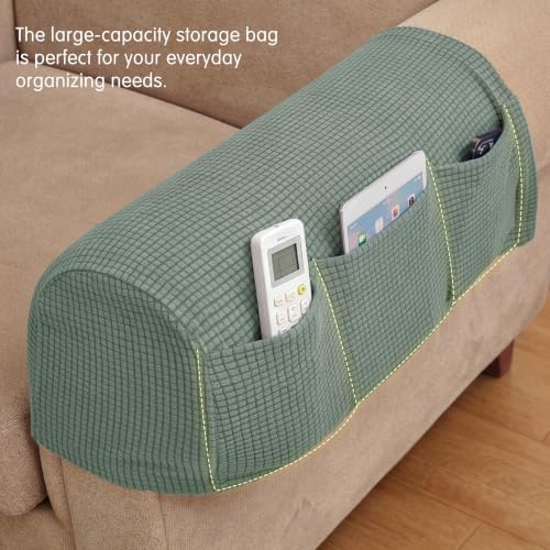 SUBRTEX Stretch Armrest Covers with Storage, Anti-Slip Spandex Arm Covers for Chairs Couch Sofa Armchair Slipcovers for Recliner Sofa with Hook and Loop Tape (Olive Green, 2pc)