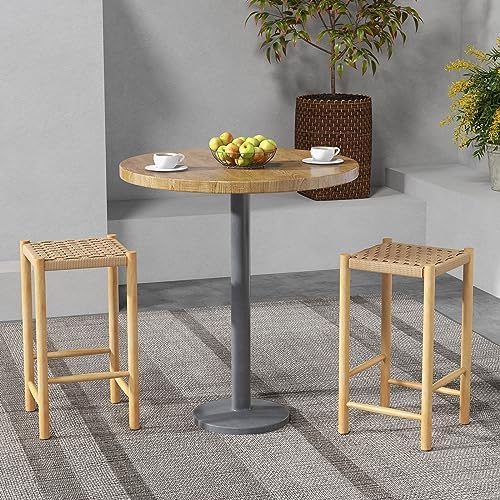 GIANTEX 26" Counter Height Wood Bar Stools Set of 2, Boho Rattan Barstools, Max Load 330 Lbs, Armless Saddle Kitchen Stools, Backless Wicker Bar Stools for Kitchen Counter Indoor Outdoor