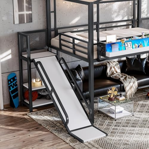Bellemave Full Size Metal House Loft Bed with Slide and Stairs,Heavy Duty Playhouse Loft Bed Frame with Shelves,LED Lights and Charging Station for Kids,Teens,Adults,Black