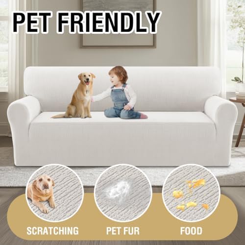 H.VERSAILTEX Jacquard Sofa Slipcover with Waterproof Seat Furniture Protector 1 Piece Stretch Sofa Covers with Elastic Bottom for Kids, Pets, Dog(Sofa, Pale Oak)