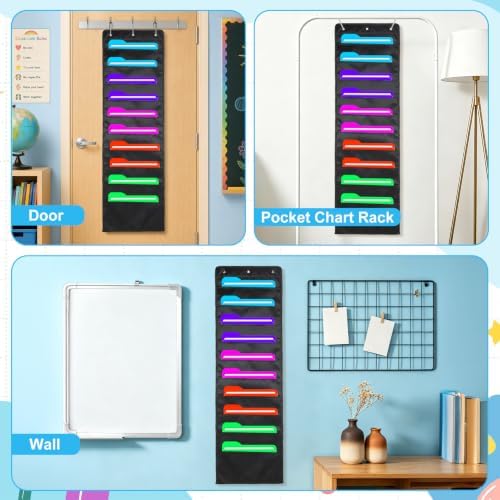 Pocket Chart for Classroom, Storage File Folders Pocket Chart, Hanging Wall File Organizer with 3 Over Door Metal Hangers Pocket Charts Organizer for School Office Mailbox