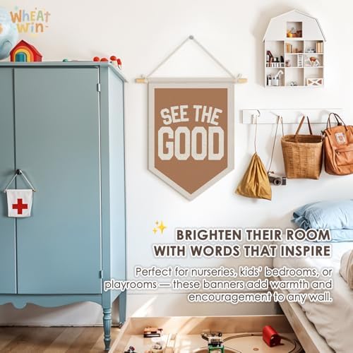 Wheatwin Inspirational See the Good Wall Hanging Pennant Flag Banner, Boho Neutral Motivational Positive Wall Decor for Kids Toddler Nursery Room Bedroom Playroom 15x11 Inch