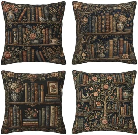 Wooden Bookself Decorative Throw Pillow Covers 18x18 Inch Set of 4