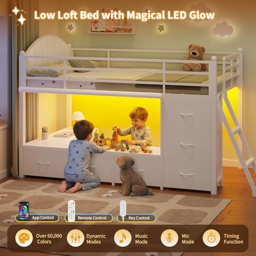 DICTAC Low Loft Bed Twin Size with 8 Storage Drawers, LED Lights, Twin Loft Bed with Upholsterd Headboard, Inclined Ladder&Play Curtain, Kids Loft Bed with Safety Guardrail, Under-Bed Play Area, White