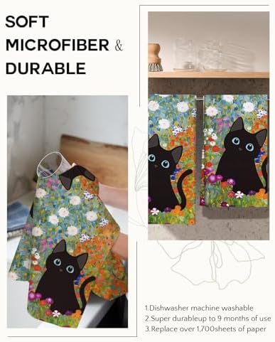Miss Adola Cute Kitchen Towels Set of 2, 18 x 26 Inch, Black Cat Flower