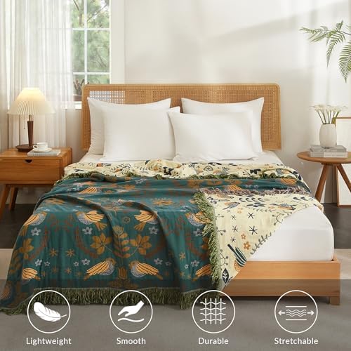 Bailix Boho Throw Blanket, 100% Cotton, Woven Bird Pattern, 50"x60"