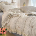 BuLuTu Lace Ruffles Duvet Cover Set Full Size, Princess Bedding Set for Kids Teens Girls, Cute Rabbit Blue Floral Print, 100% Gauze Cotton Muslin Bedding Comforter Cover with Zipper, 4 Ties