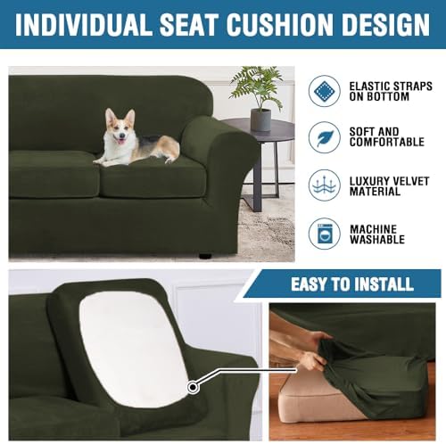 H.VERSAILTEX Real Velvet Plush 3 Piece Stretch Sofa Covers Couch Covers for 2 Cushion Couch Sofa Slipcovers Width Up to 90 Inch Feature Thick Soft Stay in Place (Sofa, Olive)