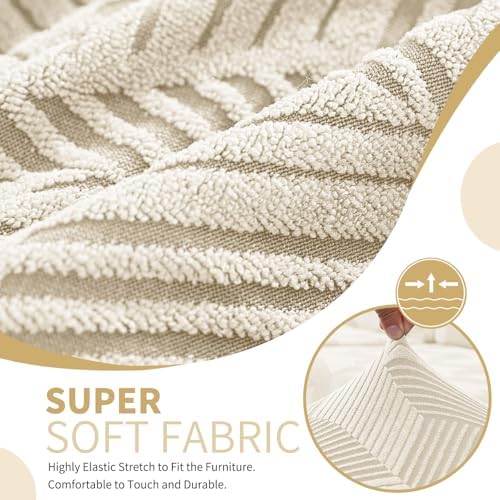 JIVINER 1 Piece Couch Cover for 3 Cushion Couch, Stretch Extra Large Sofa Covers with Elastic Bottom, Washable Oversized Sofa Slipcovers Feature Geometrical Jacquard Fabric (XL Sofa, Beige)
