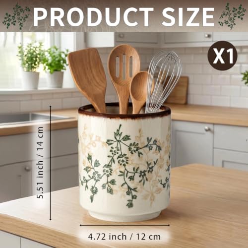 Kitchen Ceramic Utensil Holder 5.5" Rustic Floral Crock Tools Storage