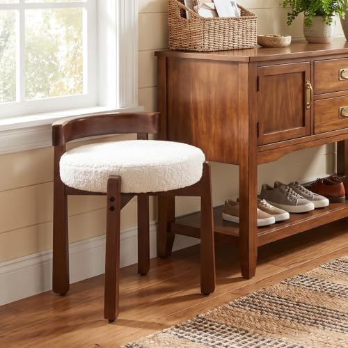 Ya-Home Modern Vanity Chair Upholstered Small Ottoman Footstool, Make Up Stool Sherpa Fabric with Backrest Wooden Frame for Living Room Bedrooms, 2PCS, White