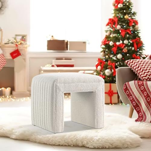 Get Set Style Vanity Stool Chair, Fully Assembled Modern Boucle Ottoman Footstool with Wooden Legs, Multifunctional Upholstered Sofa Bench Extra Seat for Makeup Room Living Room Entryway Office, White