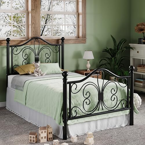 Allewie Metal Twin XL Platform Bed Frame, Butterfly Pattern Design, Black