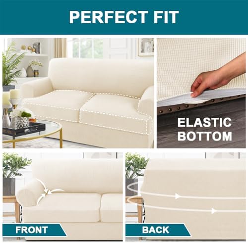 Turquoize 3 Piece T Cushion Loveseat Slipcovers Sofa Cover for 2 Cushion Couch Cover Washable Sofa Slipcover Furniture Covers with 2 Individual T Cushion Seat Covers (2 Cushion Loveseat, Cream)