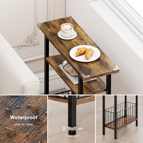 Vagusicc Narrow Side Table, 3-Tier Skinny End Table for Couch Sofa, Small Side Tables for Small Spaces, Bed Side Table with Storage, 25.2" Tall Slim Nightstand for Living Room, Bedroom, Rustic Brown
