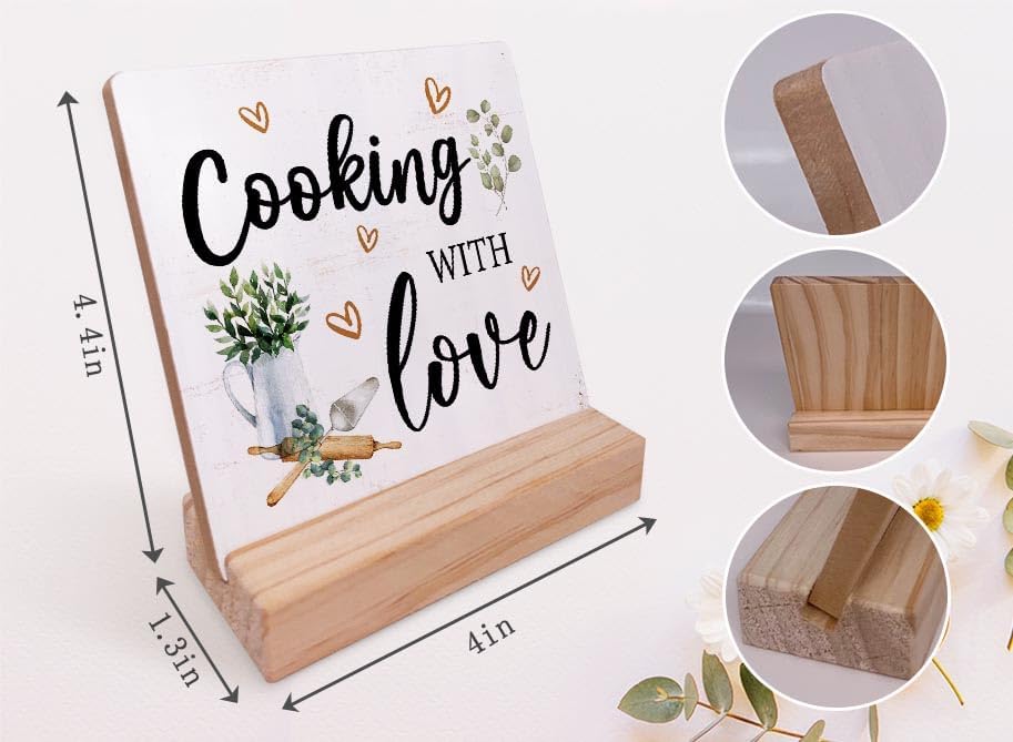 Cooking with Love Wood Plaque with Wooden Stand,Rustic Kitchen Wooden Plaque Sign Desk Decor for Home Kitchen Table Shelf Decoration