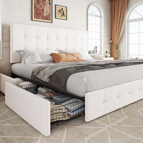 Allewie King Size Storage Bed Frame with 4 Underbed Drawers, Upholstered Platform Bed with Adjustable Headboard, Square Button Tufted, Easy Assembly, Noise-Free, No Box Spring Needed, Soft White