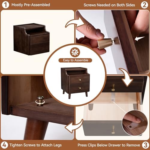 Nightstand with Drawers, Pre-Assembled, 19.7" H Natural Solid Wood Night Stand with Open Sliding Shelf, Mid Century Modern Small Bedside Table Cabinet for Bedroom, Black Walnut 16"