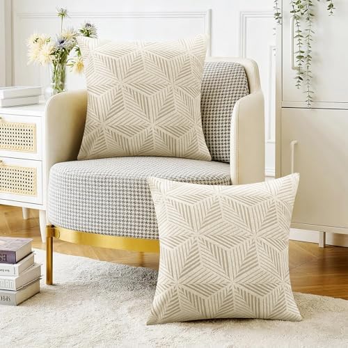 YEMYHOM Pack of 2 Throw Pillow Covers 18 x 18 Inch High Stretch Jacquard Pillowcase for Couch Sofa Living Room Home Decor, Beige