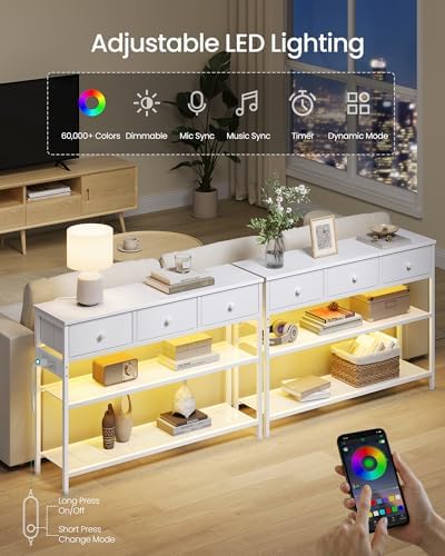 SONGMICS Console Table with Power Outlets and LED Lights, 3 Fabric Drawers