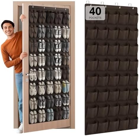 40-Pocket Over the Door Shoe Organizer - Large Mesh Pocket Hanging Shoe Organizer,Behind the Door Shoes Storage Holder Hanger (Coffee color)