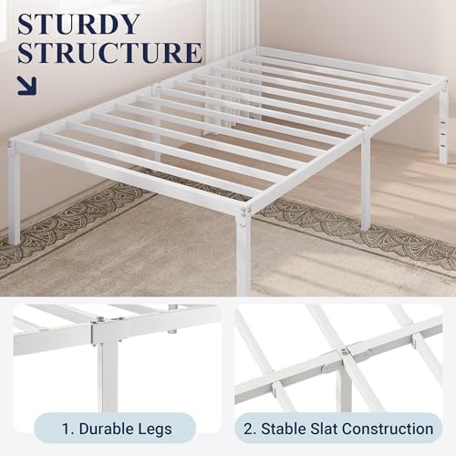 Allewie Twin XL Bed Frame, 18 Inch Metal Beds with Storage Space, White