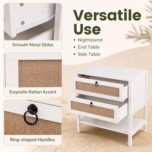 GIANTEX Rattan Nightstand with 2 Drawers, 27" Wide Boho Bedside Table