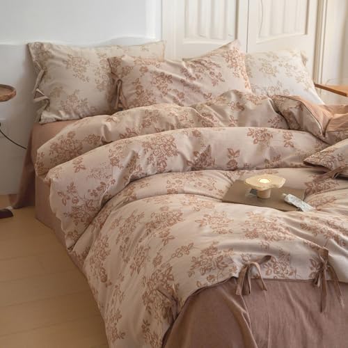 Monet Flower Duvet Cover King 3 Pieces Retro Jacquard Floral Bedding Set,Linen Cotton Yarn-Dyed Textured Comforter Cover with Bowknot-104 x90,Pumpkin