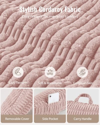 Blissful Diary Reading Pillow, Backrest Pillow with Shredded Memory Foam for Adult & Children, Designed for Bed and Couch Sitting Up, Includes Arms, Pockets and Washable Cover, Pale Pink
