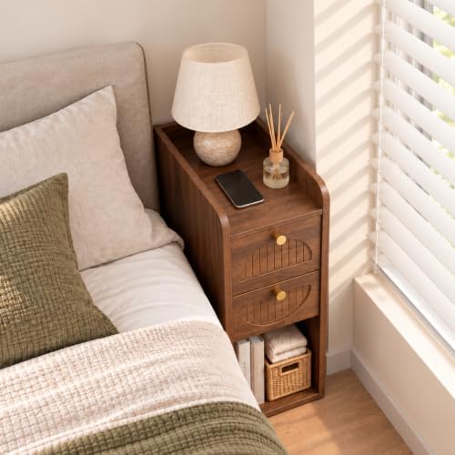 Narrow Nightstand Set of 2, Bedside Table with 2 Drawers, Walnut