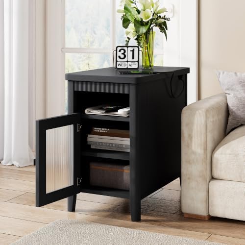 iPormis End Table with Charging, Narrow Side Table for Living Room, Black