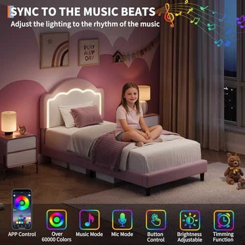 IDEALHOUSE Twin Bed Frame with LED Headboard, Boucle Fabric Upholstered Platform Bed with LED Light for Kids, Girls, Wooden Slats Support, No Box Spring Needed, Pink