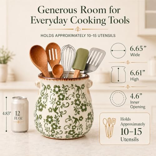 Green Ceramic Utensil Holder for Countertop, Vintage Floral Utensil Crock