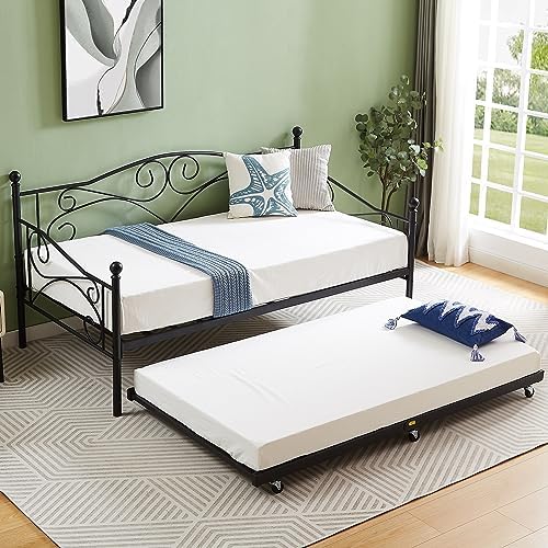 VECELO Twin Trundle Bed Frame Only/Roll Out/Enhanced & Up-Graded Metal Slats Support with Lockable Casters, Black