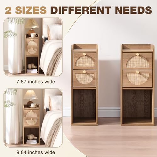 Narrow Nightstand Set of 2 (Rattan & Wood) - Small Bedside Table with 2 Drawers, Open Shelf, Mid Century Modern End Table - for Bedroom, Living Room & Small Spaces, Rustic Oak Rattan