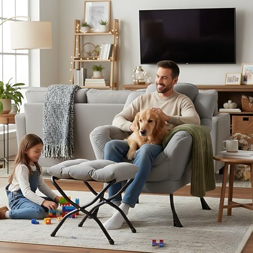 Welnow Lazy Chair with Ottoman, Reading Chair with Footrest,Soft Gray