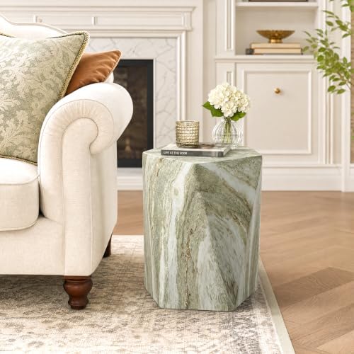 18" Pentagonal Concrete Side Table, Green Marble-Look Accent End Table