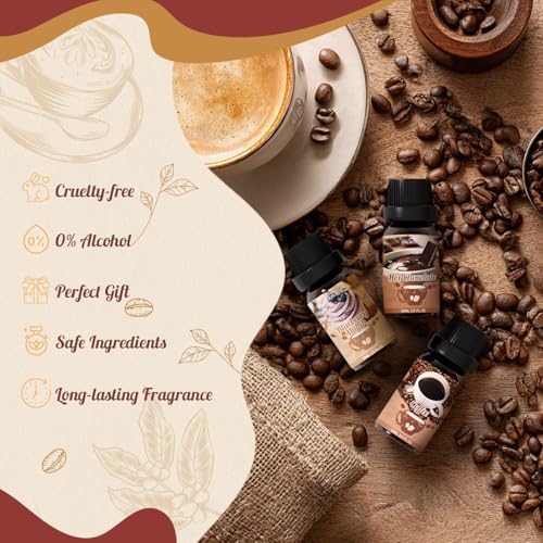 Coffee Fragrance Oil Set, Premium Essential Oils for Diffusers for Home, Blueberry Muffin, Café Mocha, Hot Chocolate, Coffee and More, Candle Scents for Candle Making, DIY Soaps, Aromatherapy