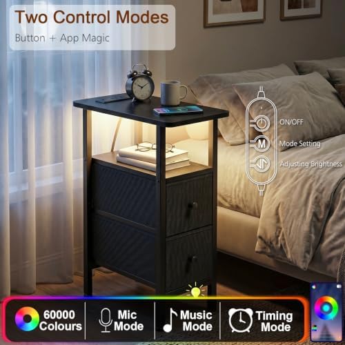 LOAKEKEL Narrow End Table with Charging Station, Small Nightstand