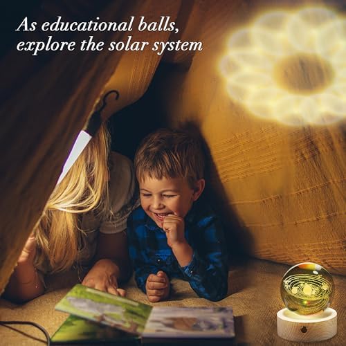 3D Solar System Crystal Ball with Wood Base, Engraved Universe Planet Sphere, Kid Education Decorative Glass Ball, Decor Creative Gift