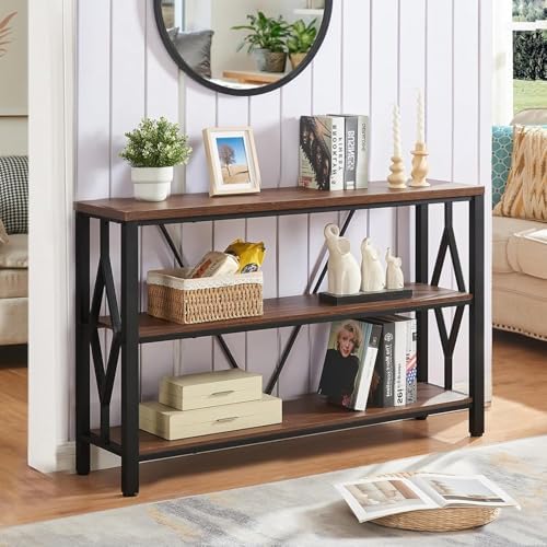 Sofa Console Table, Rustic Entry Table with 3 Tier Bookshelf,Brown 47 Inch