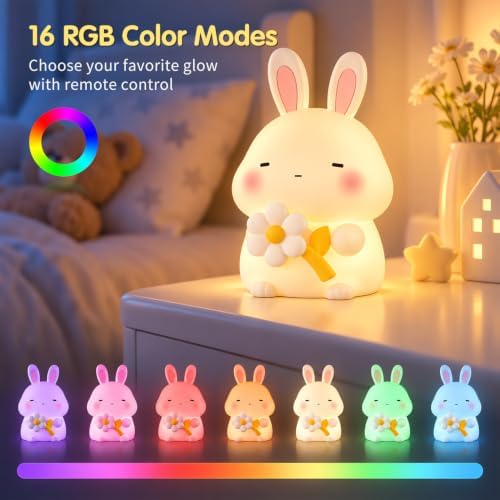 Bunny Night Light for Kids, 16-Color Silicone Animal Lamp Cute