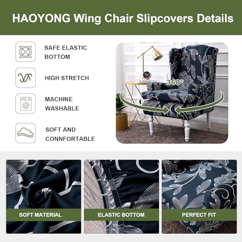 HAOYONG Wing Chair Slipcovers Printed Wingback Chair Covers 2 Pieces Wingback Armchair Slipcover Stretch Chair Slip Covers Washable Armchair Protector Cover for Living Room and Bedroom