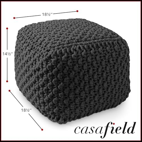 Casafield Square Pouf Ottoman, Black - 18.5" W x 18.5" D x 14.5" H Cotton Knit Foot Stool - Boho Floor Pouffe for Living Room, Bedroom, Home Office