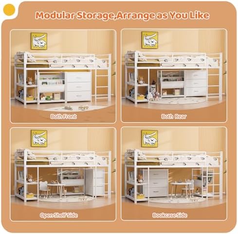 JOYMOR Low Loft Bed Twin Size with 3 Storage Drawers, 2 Tier Storage Shelves, 2 Tier Bookcase and LED Lights, Metal Kids Loft Bed with Safety Guardrail, Spave Saving Design (White)