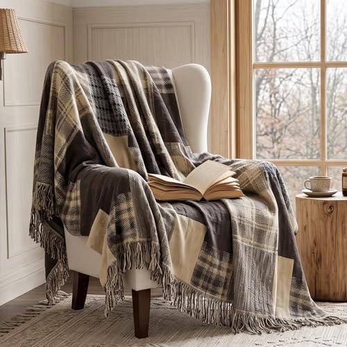 Bailix Boho Throw Blanket, 100% Cotton, Woven Patchwork Pattern, 60"x80"