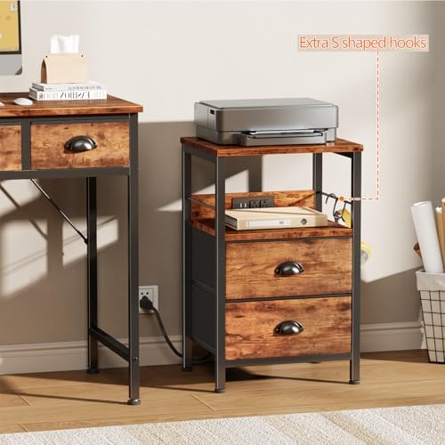 Furologee Nightstand with Charging Station for Dorm, 2 Fabric Drawers