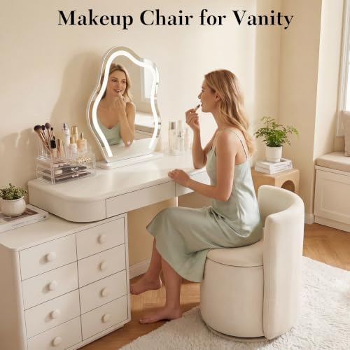 FOXHUNTER Vanity Stool with Storage, 360° Swivel Accent Chair,Velvet Beige
